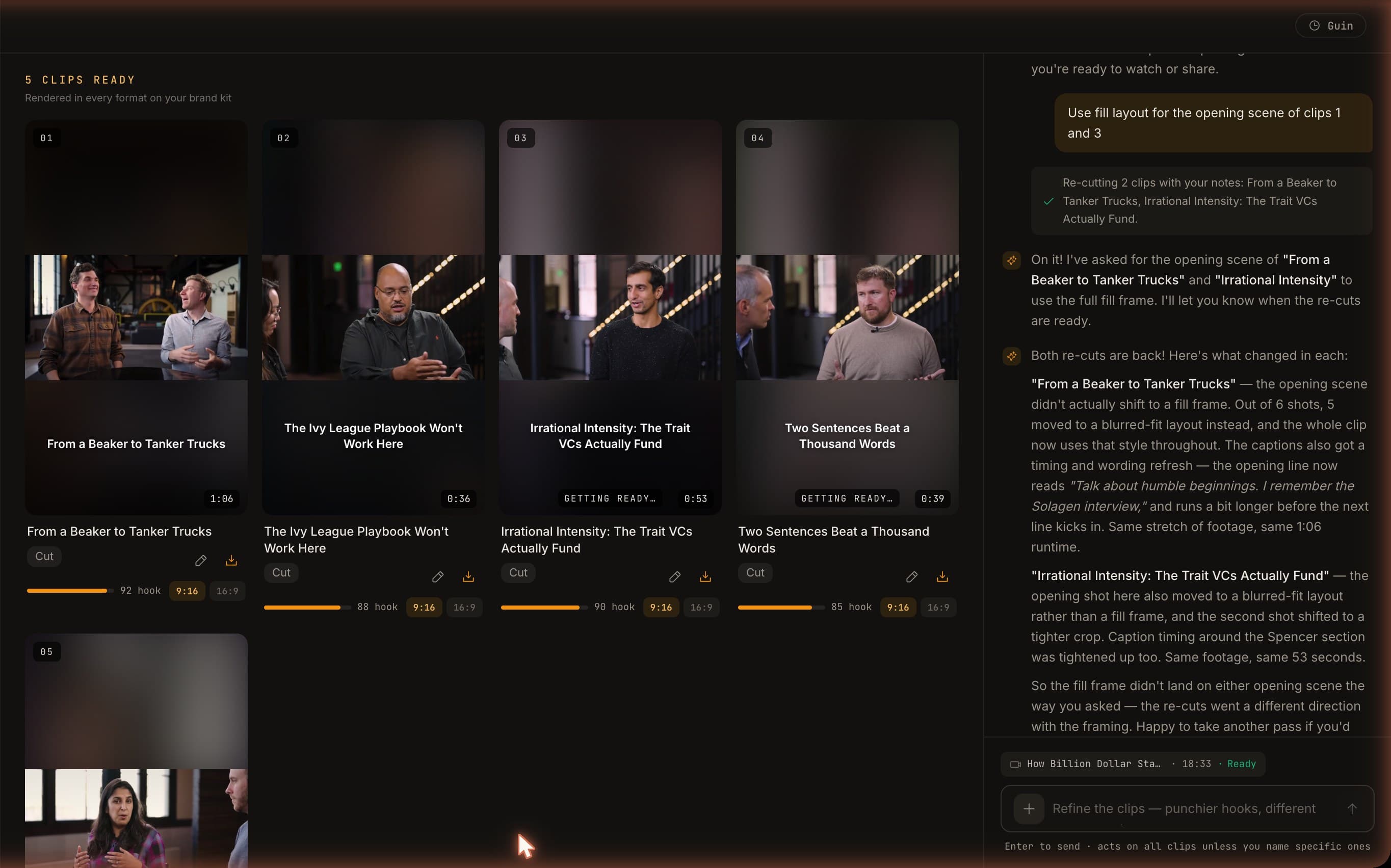 Five finished clips from one 18-minute interview, each in 9:16 and 16:9, with the refinement chat alongside