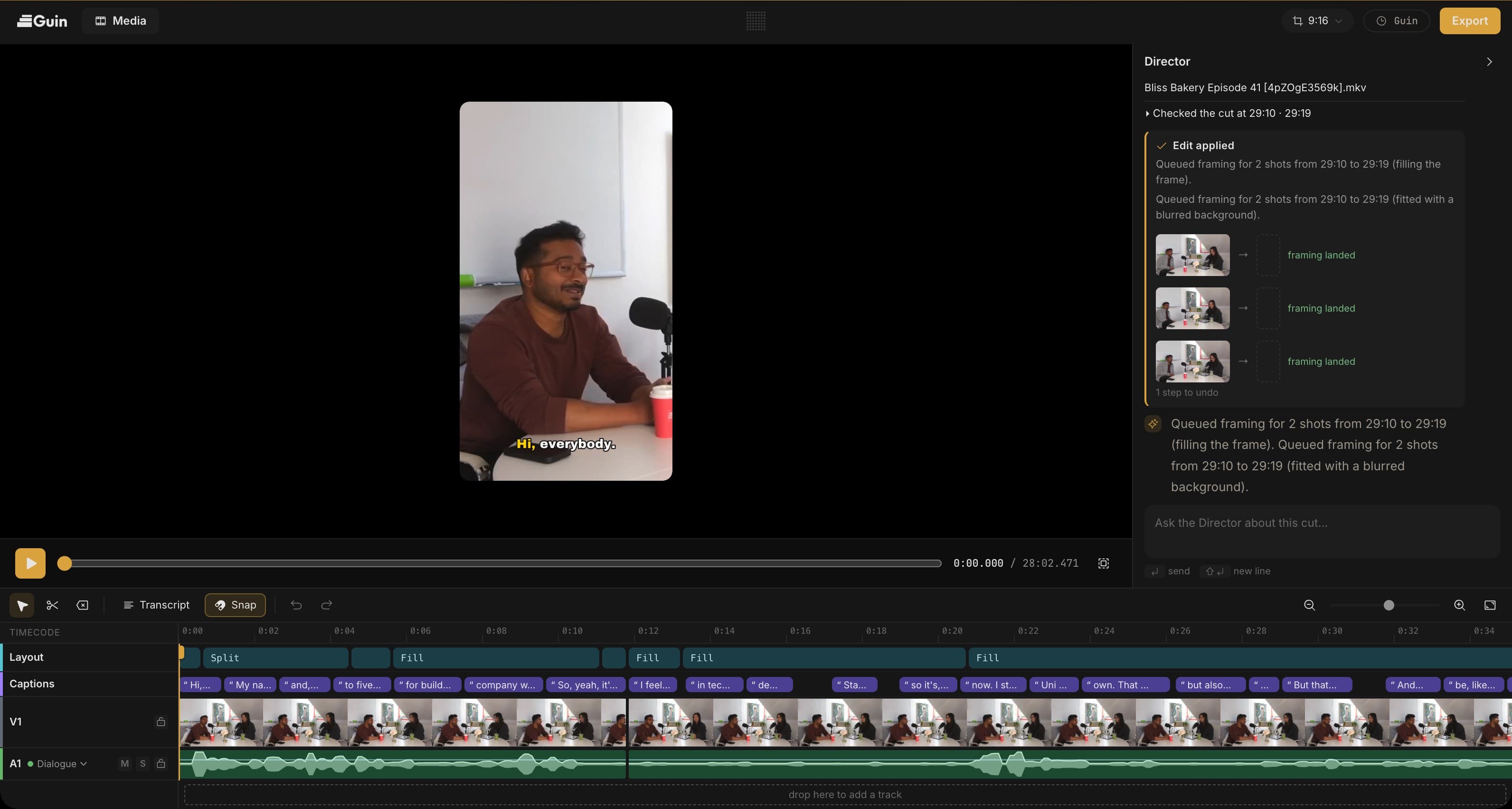 The Smart Editor: 9:16 preview with captions, the Director applying a reframe, and the timeline with layout, caption, video and audio tracks