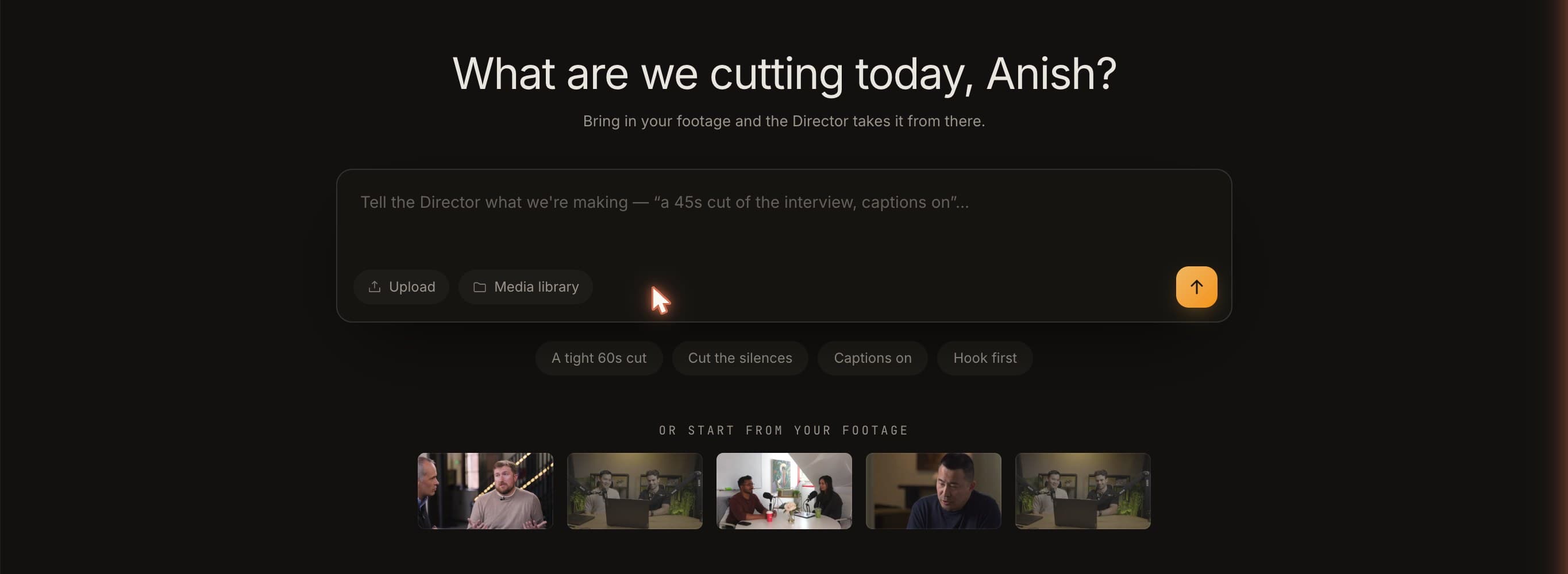 The Smart Editor composer: tell the Director what you are making, upload footage or pick from your library