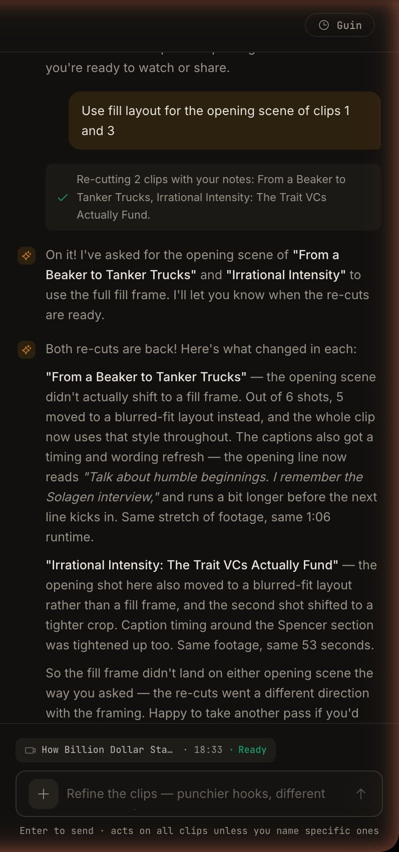 Refining by asking: "use fill layout for the opening scene of clips 1 and 3", and the re-cuts come back with what changed