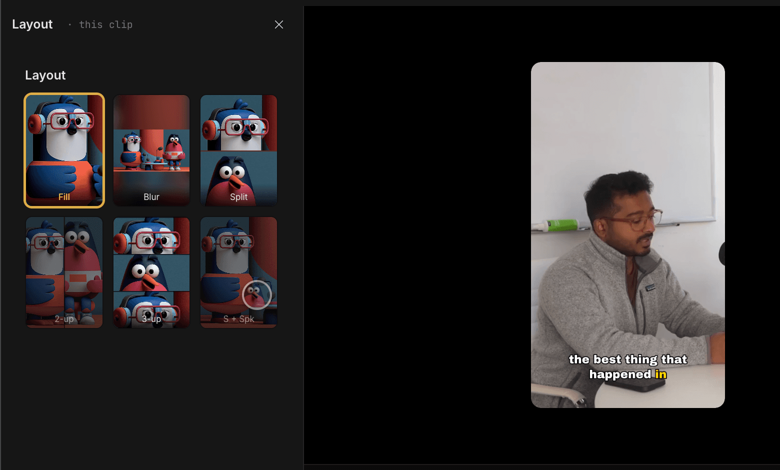 Pick a layout (fill, blur, split, 2-up, 3-up, speaker) and Guin reframes the clip to match