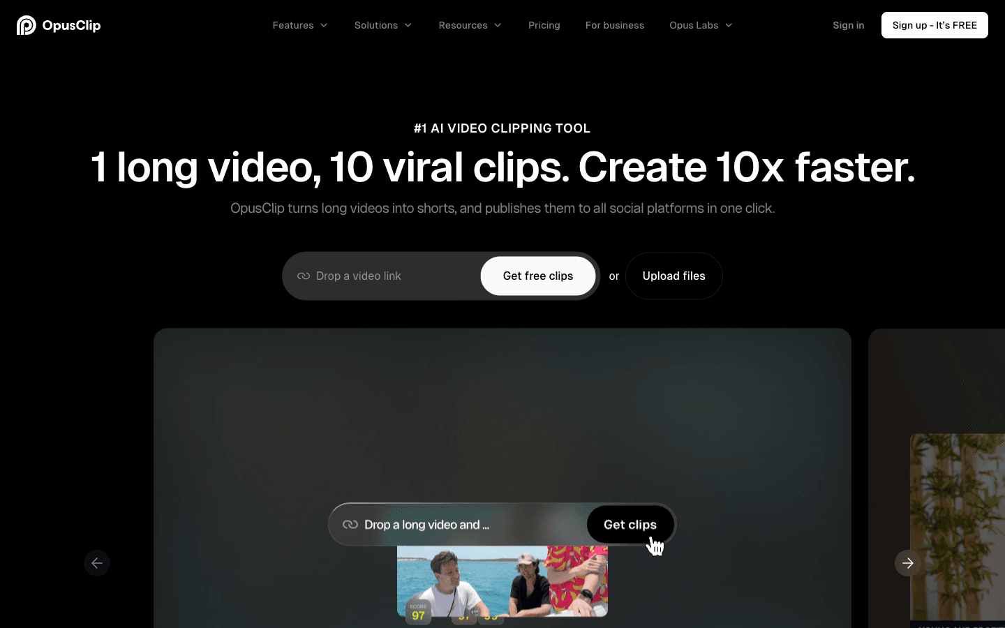 OpusClip's homepage: paste a long video link and get back scored clips